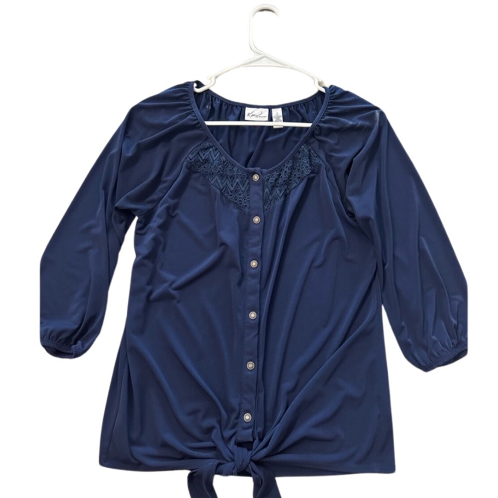 Kim Rogers 3/4 Length Sleeve Knit Blouse with Tie Front - Royal Blue size Small